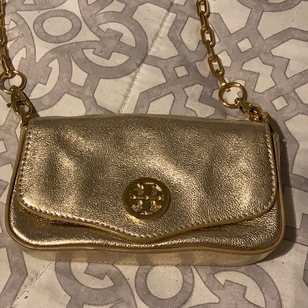 Tory Burch small gold purse with gold chain link